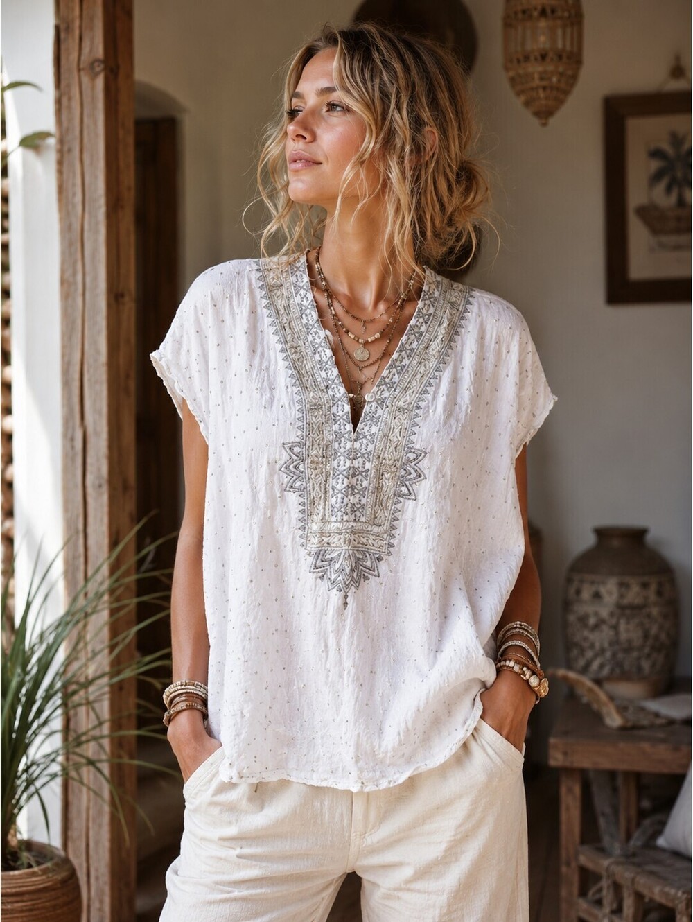 Johnny Was Sz S Top Embroidered Linen Boho Artsy Lagen Look Flowy Oversized